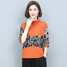 (新品)2025年夏季丝T恤接拼衬衫女印花中老年妈装三年不下架，女装套装/套裙，璐依舞