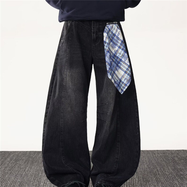 美式复古街头可拆方巾牛仔裤男女生秋冬新款宽松显瘦阔腿弯刀裤子，男装牛仔裤，星座302B-2