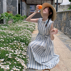 法式小清新条纹度假背心连衣裙女装新款夏季小个子宽松减龄长裙子，女装连衣裙，C位