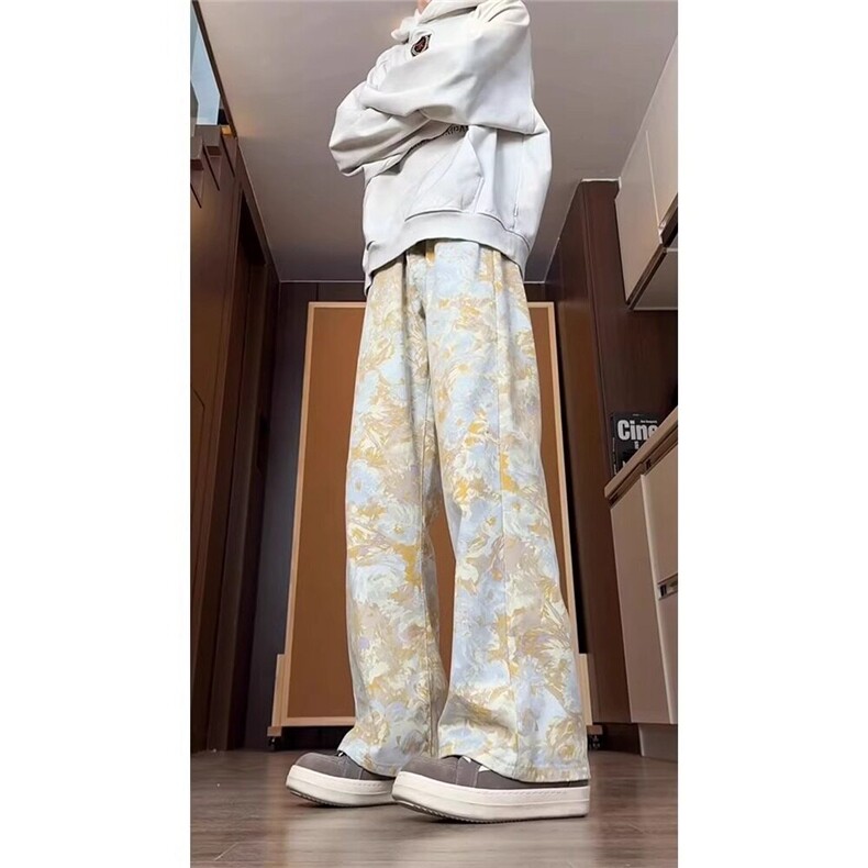 美式vibe扎染满印牛仔裤男款cleanfit潮牌水洗弯刀裤直筒微喇长裤,男装牛仔裤,星座218-1（原230）