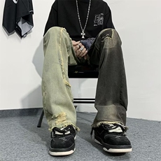 街头vibe拼接牛仔裤男女新款潮牌美式复古直筒微喇长裤CN304-P45，男装牛仔裤，星座1008