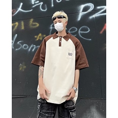 撞色polo衫短袖男美式复古重磅t恤夏季新款ins潮牌高街五分袖上衣，男装T恤，星座1013