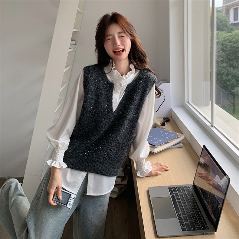 见详情宽松型长袖常规衬衫秋冬女装外穿气质韩版时尚春秋显瘦洋气，女装马甲，维壹