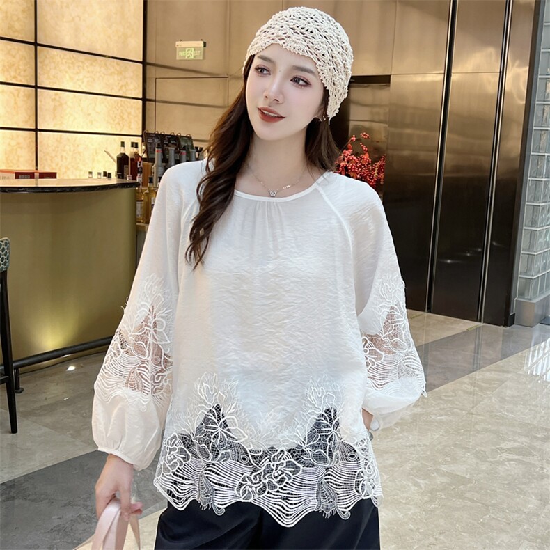 现货2025夏季新款简约度假风镂空拼接袖休闲百搭气质小衫，女装衬衫，深水步