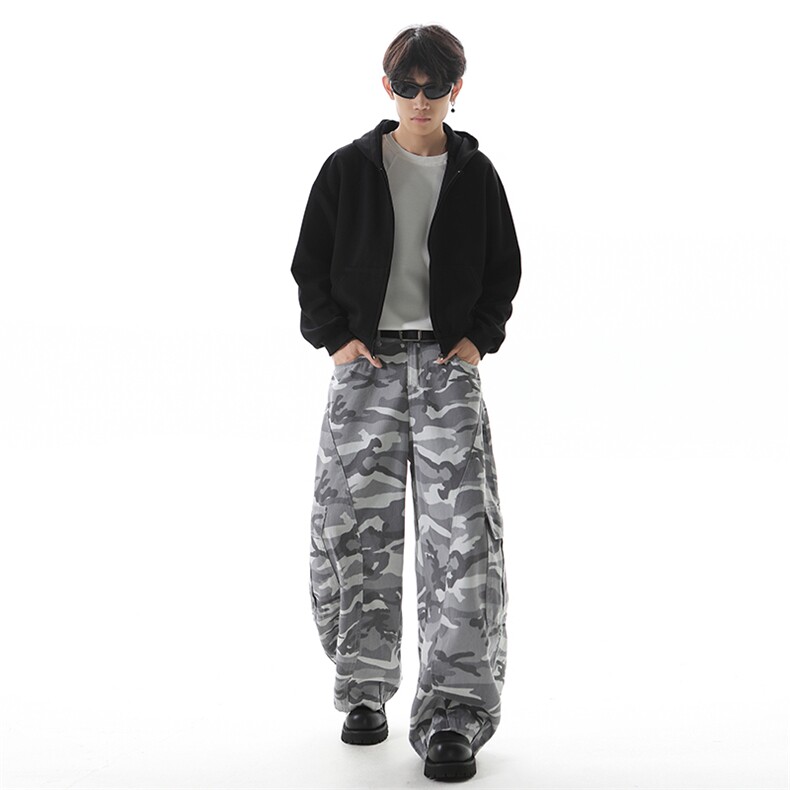 美式复古迷彩弯刀牛仔裤男女高街解构感水洗宽松阔腿裤ST691P53,男装牛仔裤,星座1112-1