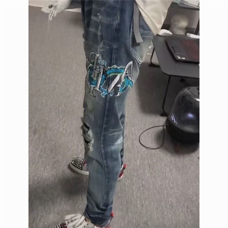 美式高街新款贴布闪电纹牛仔裤男女百搭网红同款潮流ZAM11P49,男装牛仔裤,星座1112-1