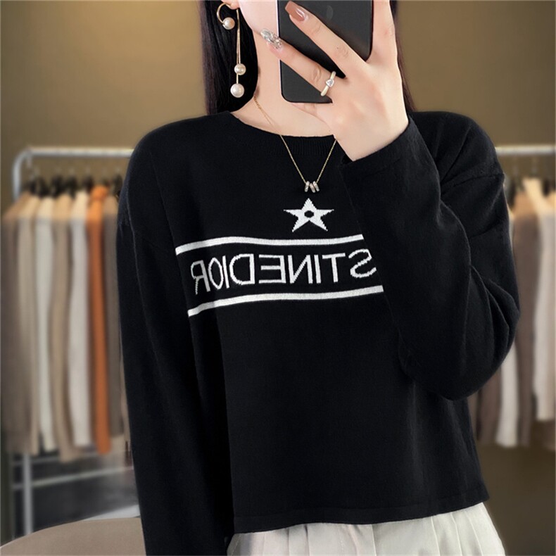 时尚百搭黑色星星图案羊毛针织衫显瘦修身长袖毛衣女款,针织衫/毛衣,暖姿羊绒