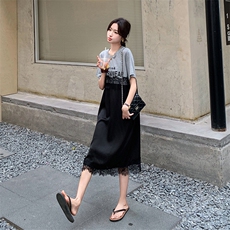 法式慵懒风蕾丝拼接连衣裙女2025夏季新款高级感宽松显瘦T恤裙潮，女装连衣裙，2C029