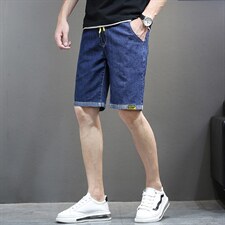 2025夏款休闲弹松紧抽绳男士牛仔中裤抽绳5506P45模特图，男装休闲裤，星座1106