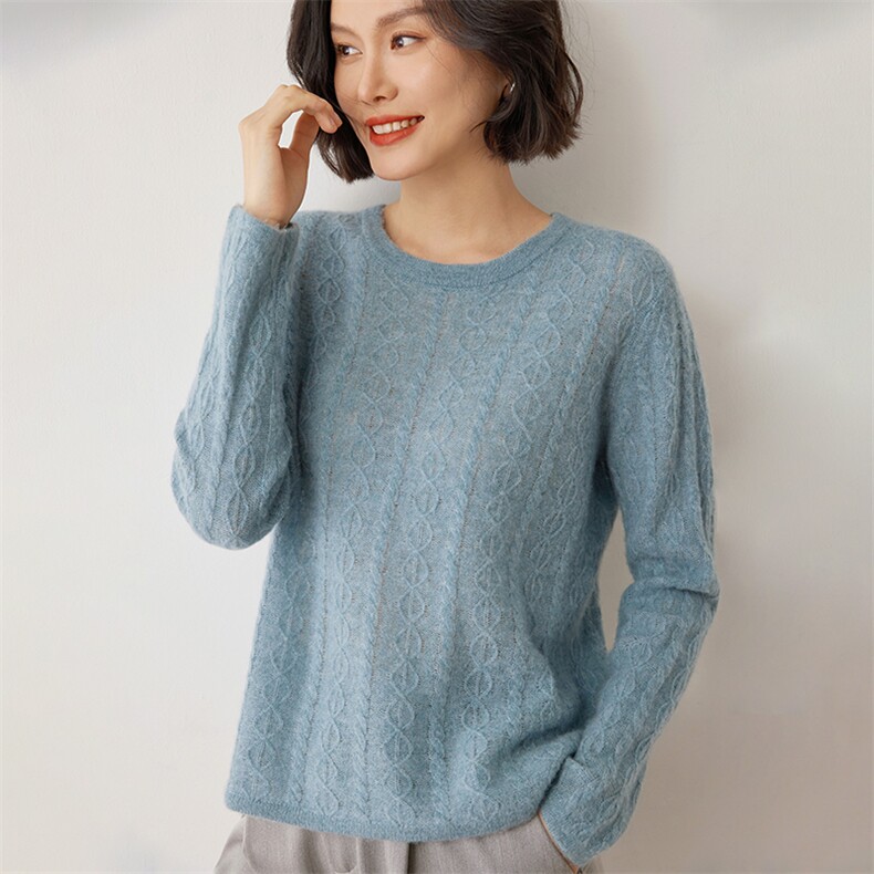 秋冬显瘦毛衣女宽松休闲打底针织圆领35%羊绒衫上衣,女装羊绒衫,雪山红莲