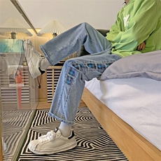 现货韩版新款原宿宽松ins牛仔裤男九分裤拼接中性潮流k298-p45，男装牛仔裤，星座1008-1