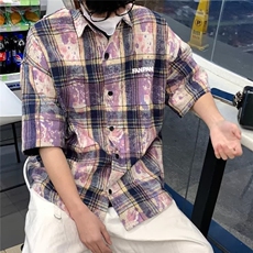 扎染短袖格子衬衫男夏季美式高街设计感衬衣vintage外套LC977-p33，男装T恤，星座1008