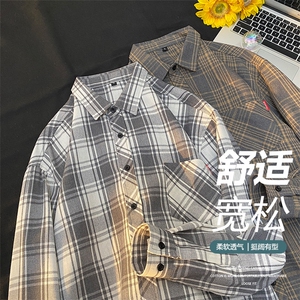 秋季潮流格子衬衫男港风休闲长袖外套青少年男装2108P28图片
