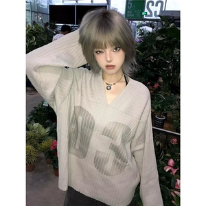 D070-P63 数字印花V领针织衫男女2025秋冬美式复古宽松休闲图片