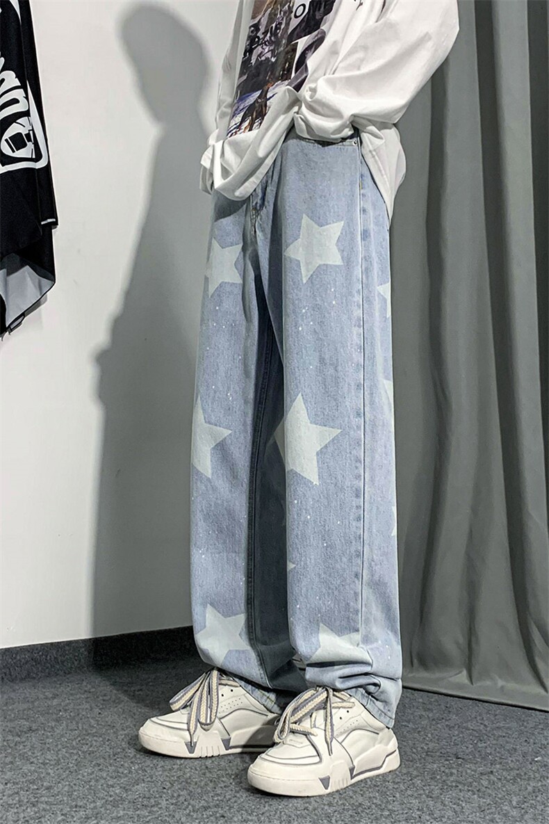 B221美式ins高街小众五角星喷墨直筒牛仔裤LK23014-P60控78,男装牛仔裤,电商B221