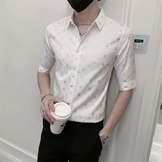 店主风社会小伙男士七分袖衬衫男修身印花衬衣301A-1/CS353/P55，男装衬衫，星座301A-1