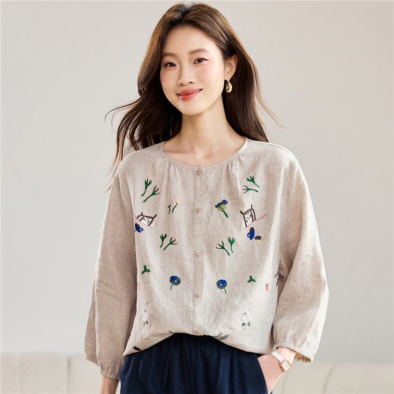 2026春秋亚麻时尚简约大方气质优雅刺绣休闲透气衬衫，女装衬衫，独衣靓
