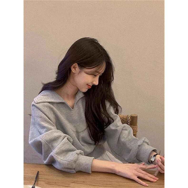 QC037-P55翻领长袖卫衣女春秋季薄款宽松oversize短款套头,女装卫衣/绒衫,星座617A-2