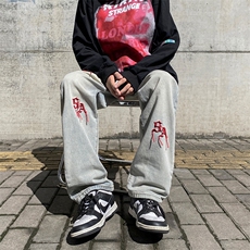 秋季美式复古水洗牛仔裤男港风ins潮牌刺绣宽松直筒裤K5410-P37，男装牛仔裤，星座512-2