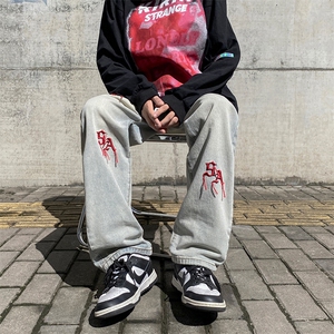 秋季美式复古水洗牛仔裤男港风ins潮牌刺绣宽松直筒裤 K5410-P37图片