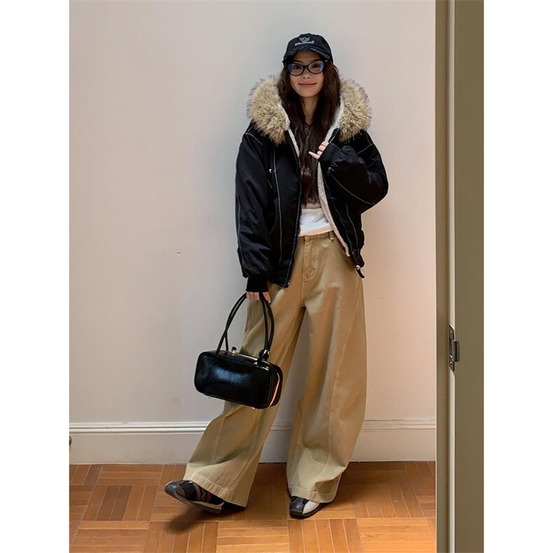 现货重磅boxy短款棉衣座山雕大毛毛领男女棉服水洗工装厚外套，男装棉衣，电商A486