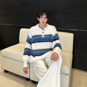 长豹毛刷毛POLO领纽扣条纹毛衣情侣秋冬慵懒针织衫男MY09819-P58图片