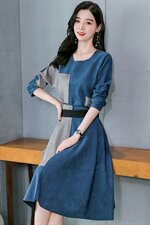2021春季新款纯色舒适休闲时尚百搭拼接麂皮绒连衣裙，女装套装/套裙，天丝秀