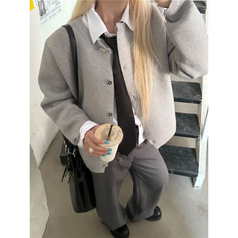 韩系简约灰纽扣设计感针织开衫男女同款冬季加厚休闲百搭毛衣外套,男装针织衫/毛衣,星座1210-1