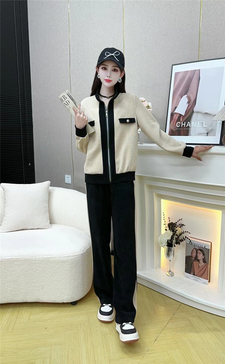 2024年秋季拉链长袖立领刺绣套装，女装套装/套裙，思沃羊绒