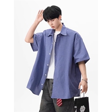 网络图现货潮流蓝色格子学院风宽松休闲百搭五分袖衬衣J5251-P28，男装T恤，星座715-7