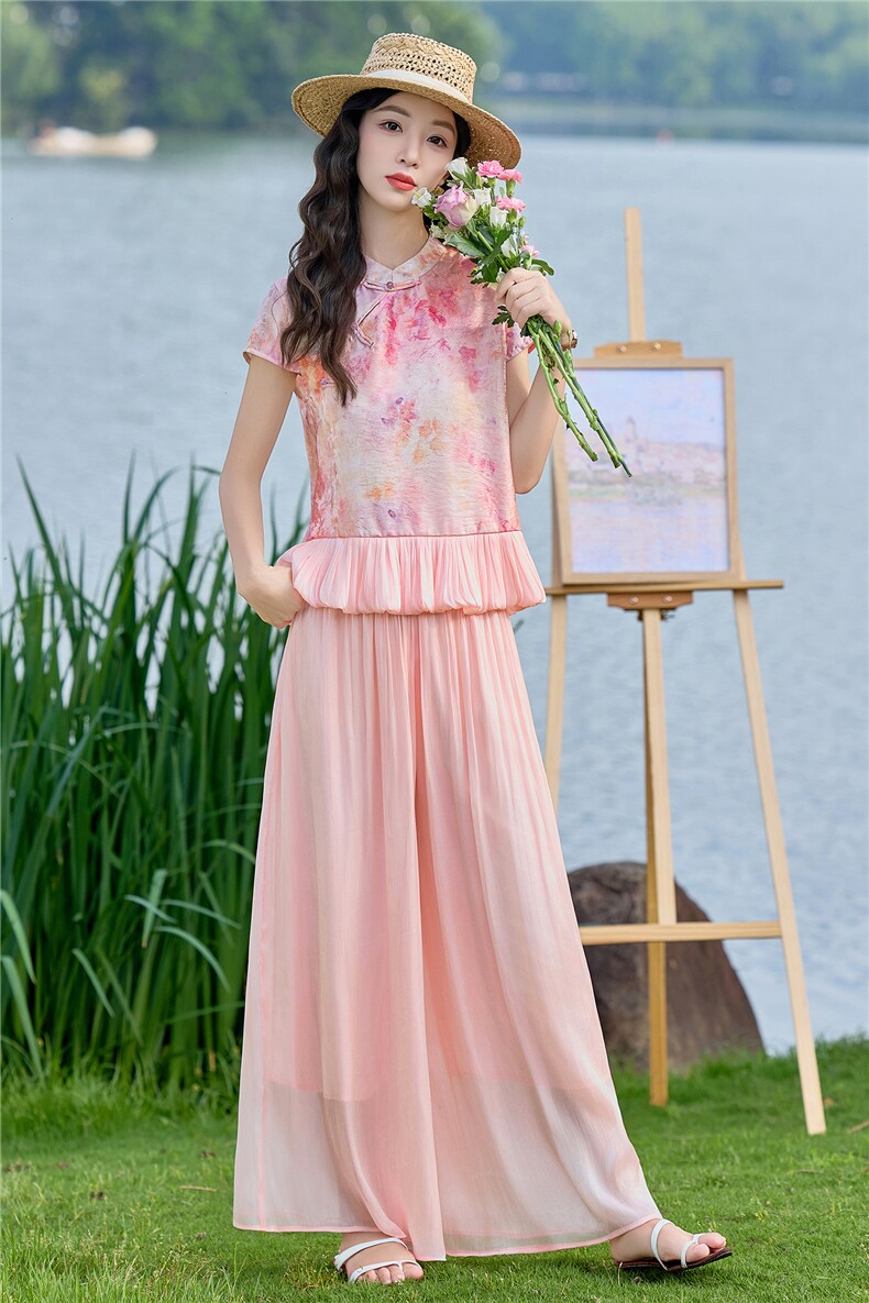 2026年夏季新款新中式印花套装女时尚小个子显瘦流光裤两件套,女装套装/套裙,众宇琦