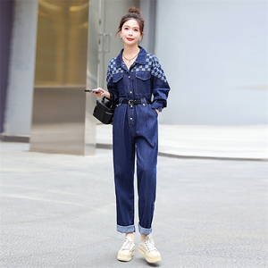 牛仔工装连体裤女2025春秋新款拼接格子高级感时尚流行连衣裤图片