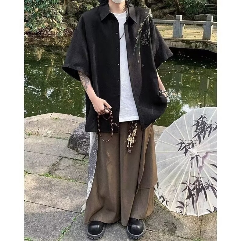 2025新新中式短袖衬衫男夏季冰丝速干港风潮流五分袖开衫上衣防,男装衬衫,星座516A