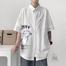 2021夏季新款港风模特已注册猫咪印花宽松短袖衬衫C3003-P35，男装衬衫，电商A001