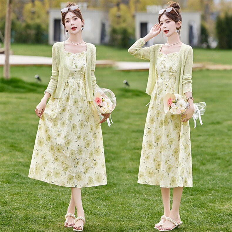 《48H发》气质压花吊带两件套连衣裙，女装套装/套裙，魅丽静蓝