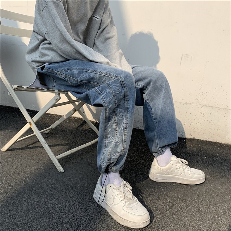 新款潮牌腰果花牛仔裤男宽松直筒裤潮流坠感阔腿拖地裤k2115-p45,男装牛仔裤,星座1008