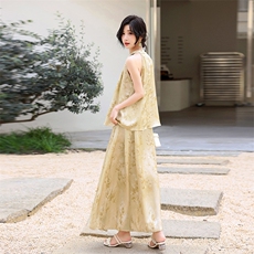三彩2025夏季新款新中式套装无袖提花吊带两件套半身裙长裙女M，女装套装/套裙，流量+