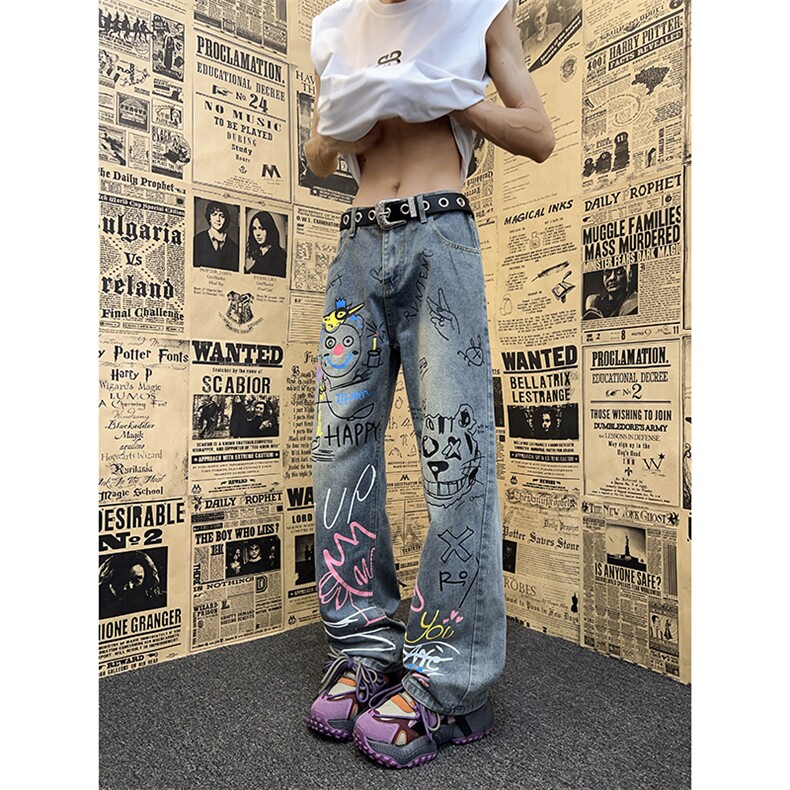 美式复古高街涂鸦牛仔裤男女宽松显瘦直筒阔腿裤N185-P45,男装牛仔裤,星座308B-2