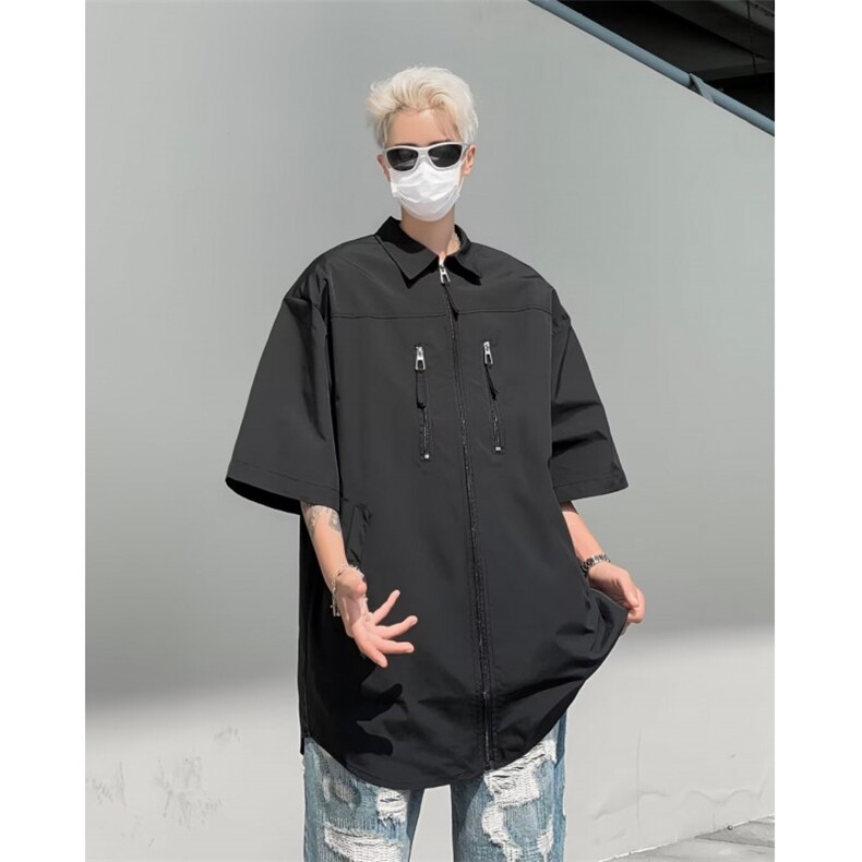 短袖衬衫男夏季新款日系复古潮垫肩设计感小众半袖衬衣CS399-p38,男装衬衫,星座1008