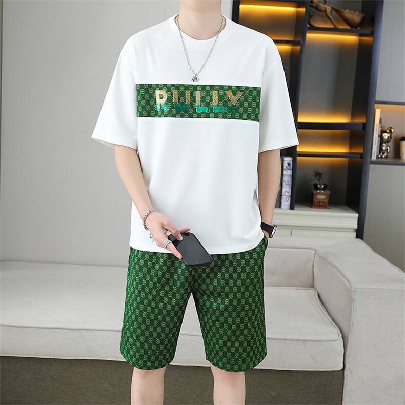 新款短袖t恤套装男夏季薄款休闲运动服潮牌印花华夫格短裤两件套,男装休闲套装,星座1801