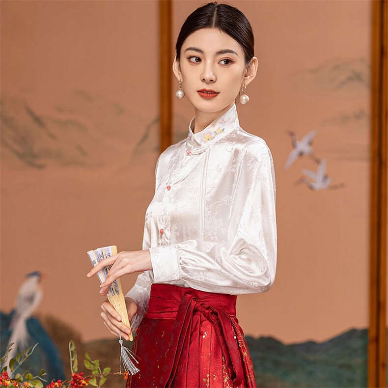 芷墨春季新款复古通勤百搭新中式衬衫简约纯色宽松立领衬衫上衣女,女装衬衫,芷墨服饰