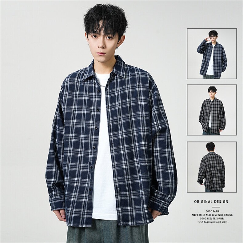 （跨境电商）四季款格子衬衫潮流宽松格纹衬衣,男装衬衫,星座1107-1