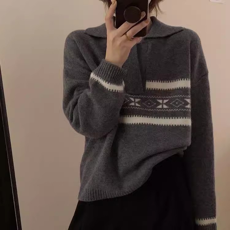2024秋季新款复古圆领宽松慵懒长袖毛衣女,女装羊毛衫,珍珑羊绒