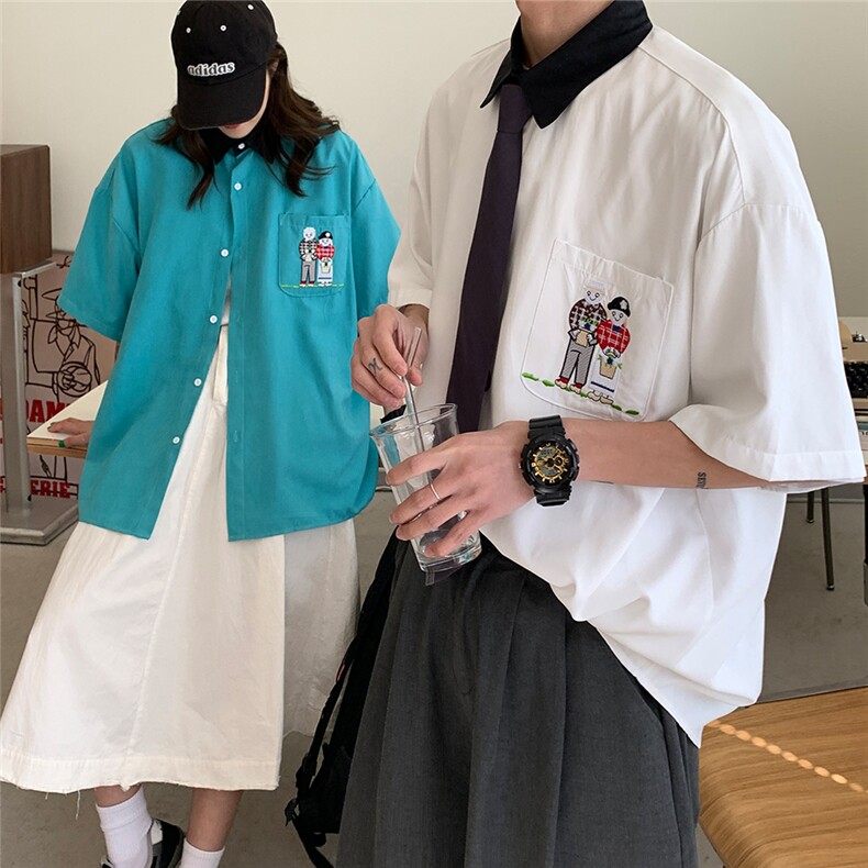 冰丝衬衫夏季学院风男女港风ins潮流学生情侣装短袖,男装衬衫,电商C306-1