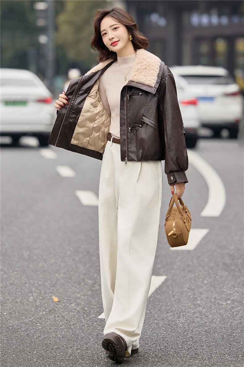 时尚羊羔毛翻领PU皮羽绒服女2025冬季新款加厚保暖白鸭绒皮衣外套,女装短外套,E百度