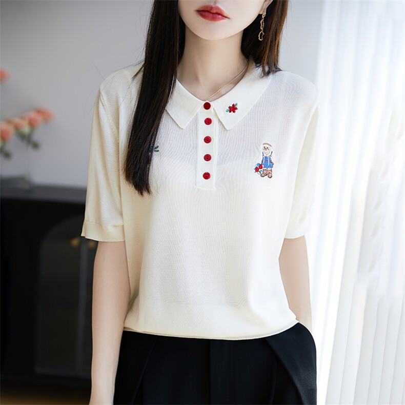夏季莱赛尔天丝针织五分袖上衣女翻领刺绣纽扣短袖T恤宽松打底衫图片