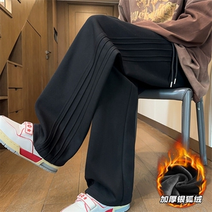 特批P35无差价冬款美式潮褶边拖地裤男银狐绒直筒卫裤K1114J加绒图片