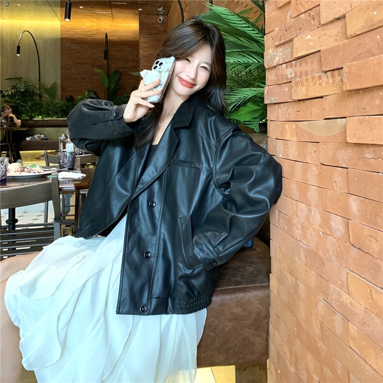 黑色复古酷飒皮衣女秋季2025新款美式炸街帅气减龄宽松高级感夹克,女装皮衣,维壹