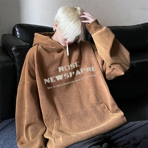 美式重磅水洗复古玫瑰印花连帽卫衣男潮流大码JK23393特批53-控88图片