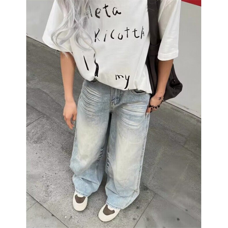 复古水洗磨白直筒牛仔裤女高街宽松显瘦阔腿坠感拖地裤N298,男装牛仔裤,星座1116A（原606A-3）